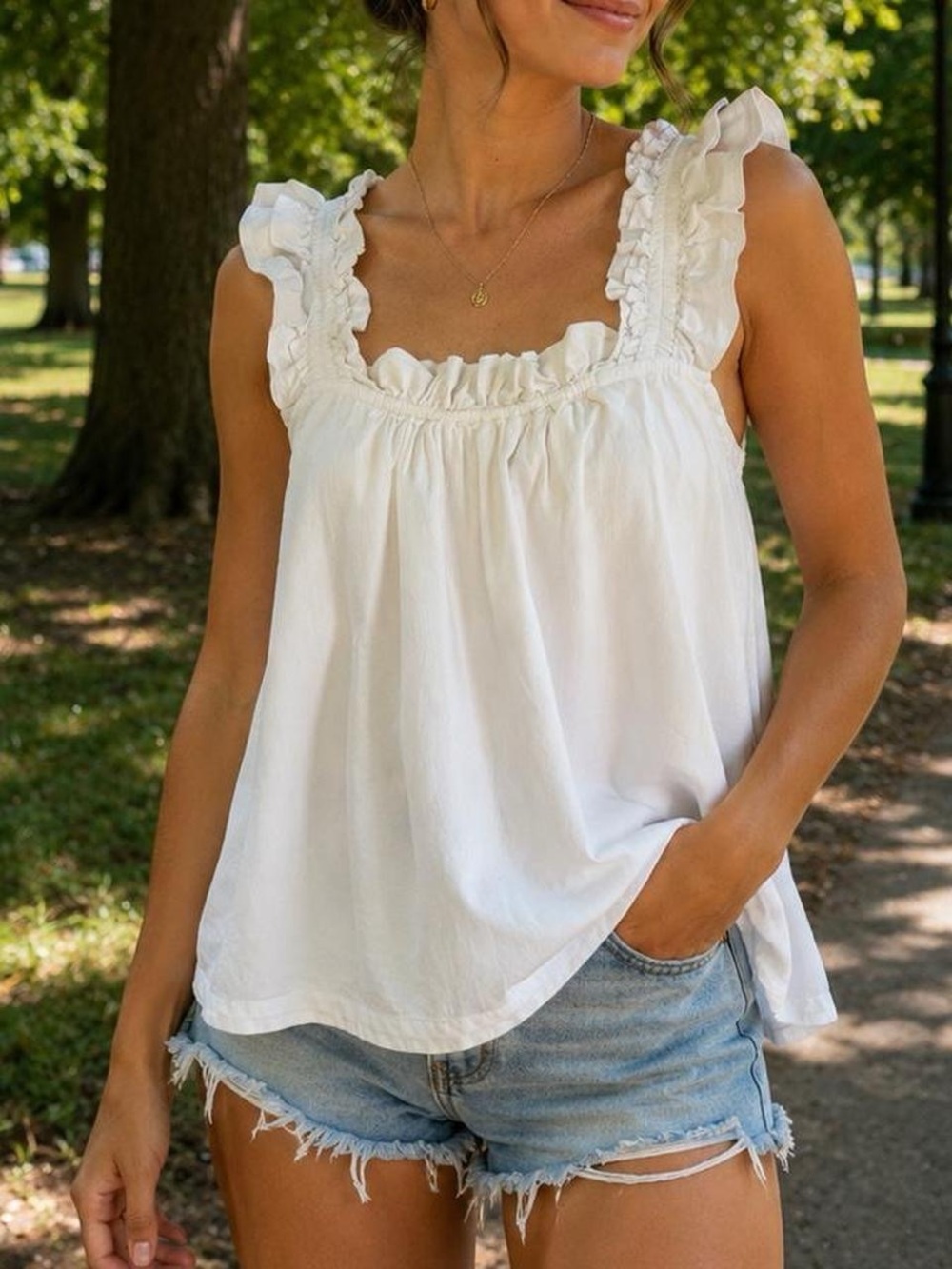 Ruffled Square Neck White Tank Top